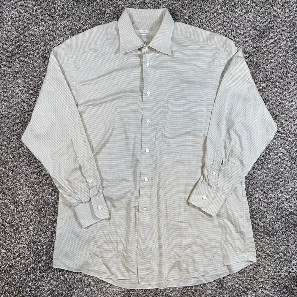 Ermenegildo Zegna Mens Dress Shirt 16.5 42 Tan Micro Check Long Sleeve Cotton
